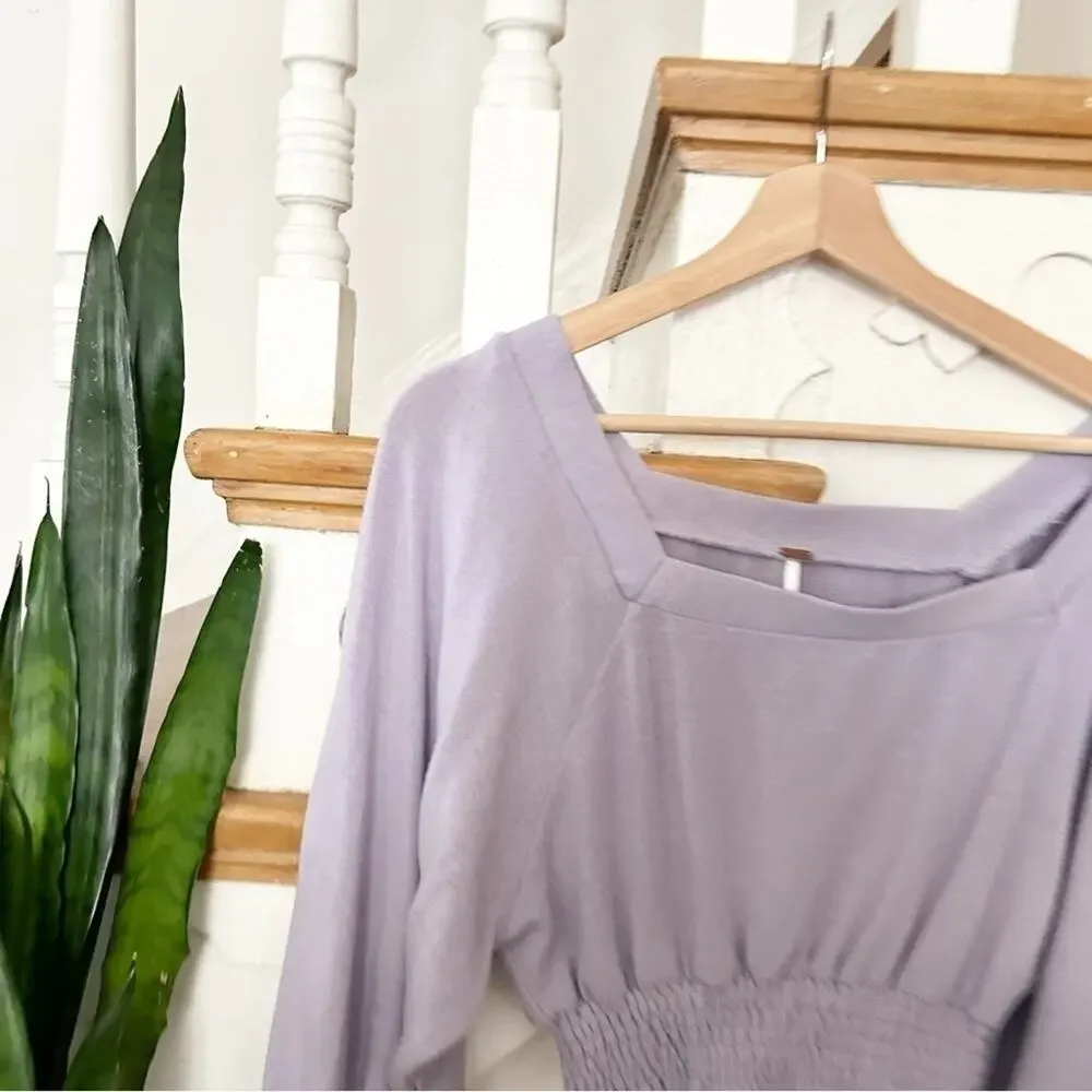 Free People Lavender Square Neck Soft Knit Smocked Cropped Golden Tee Size XS